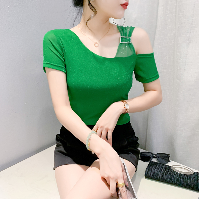 Rhinestone clavicle T-shirt summer tops for women