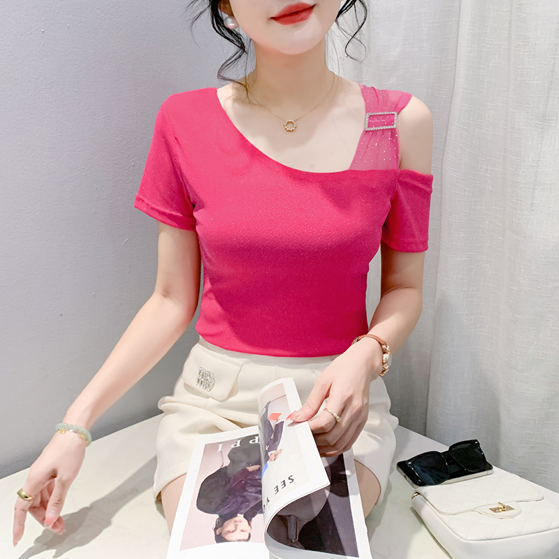 Rhinestone clavicle T-shirt summer tops for women