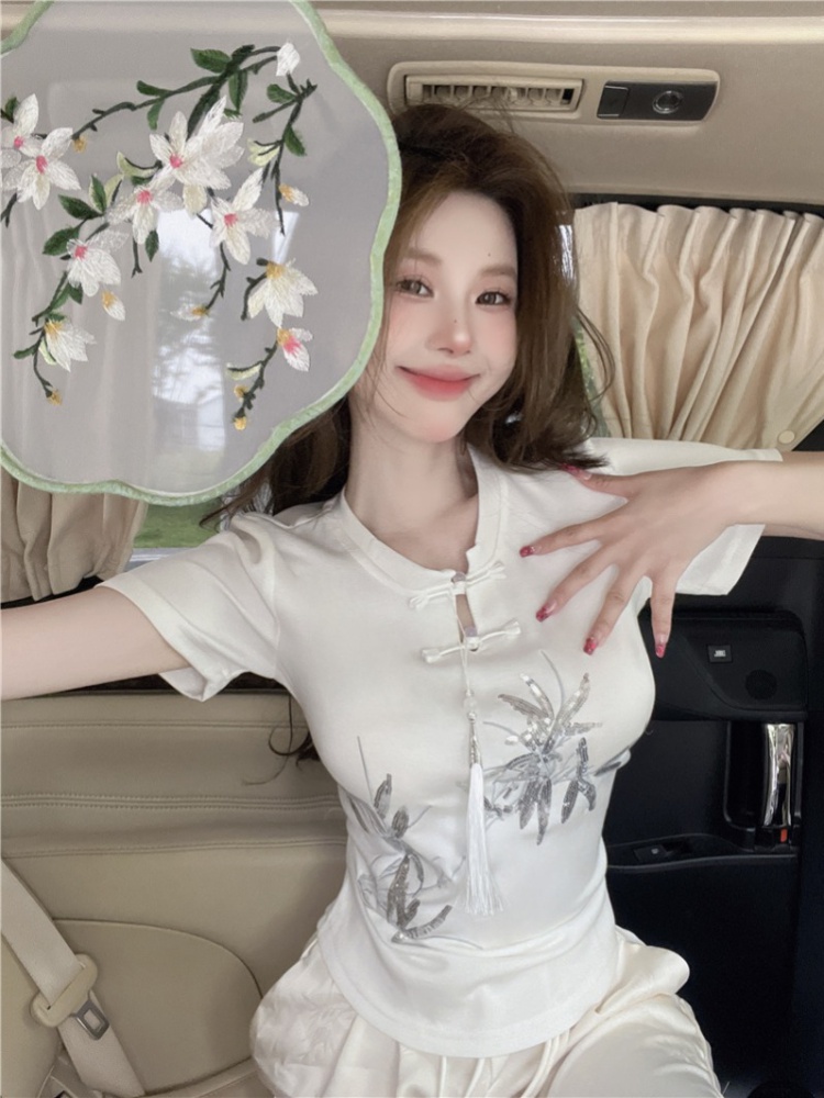 Embroidery all-match T-shirt retro tops for women