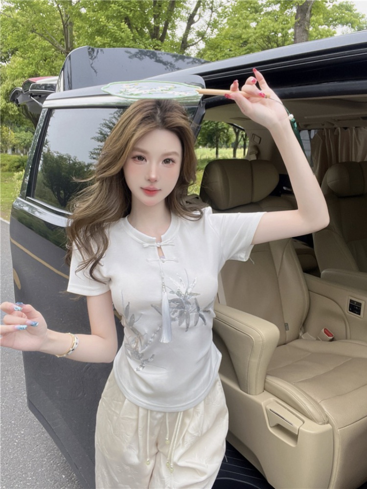 Embroidery all-match T-shirt retro tops for women