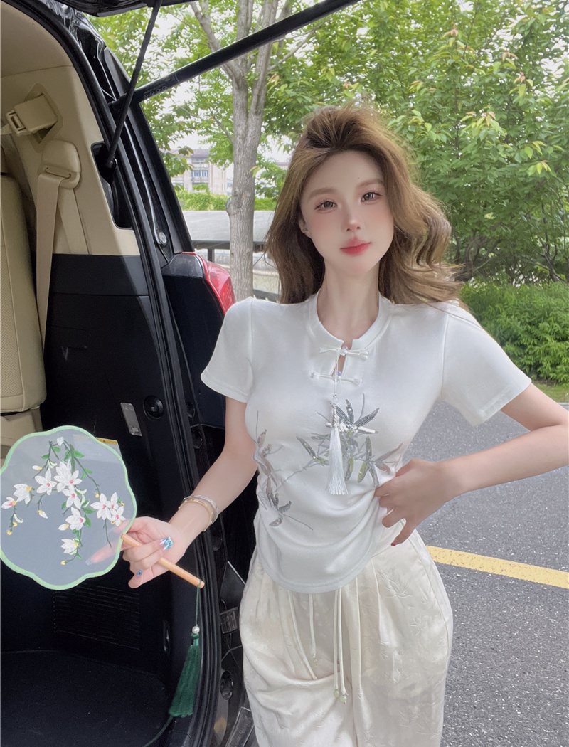 Embroidery all-match T-shirt retro tops for women