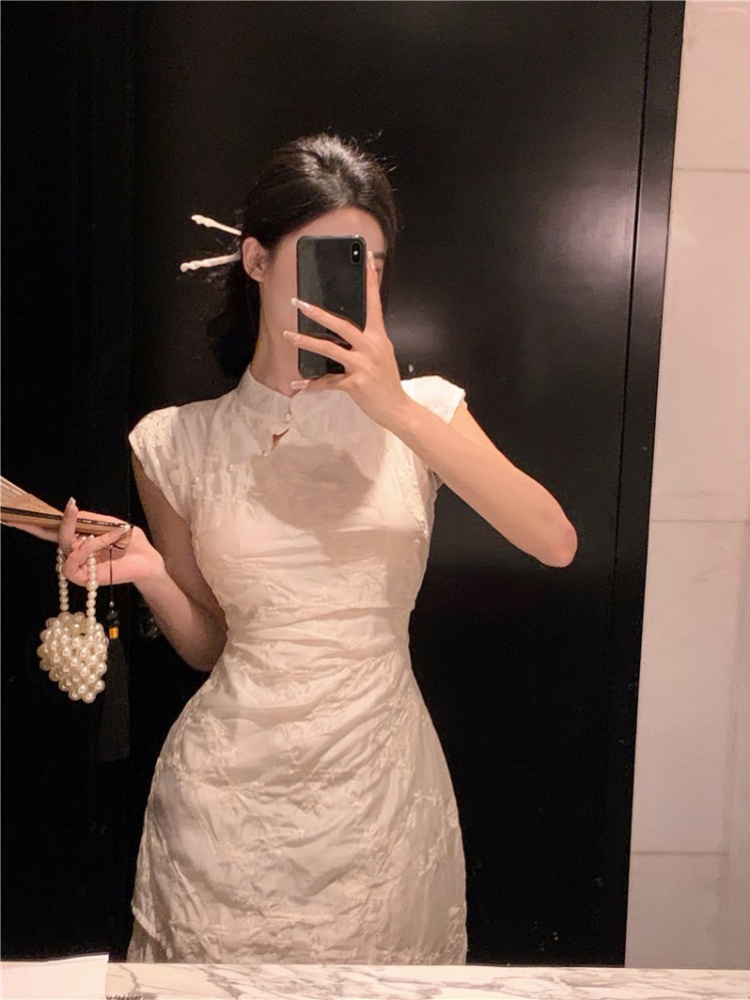 Embroidery cstand collar pinched waist dress