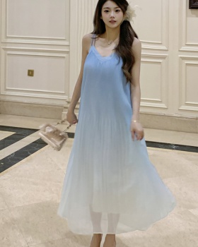 Summer France style vacation sling gradient long dress for women