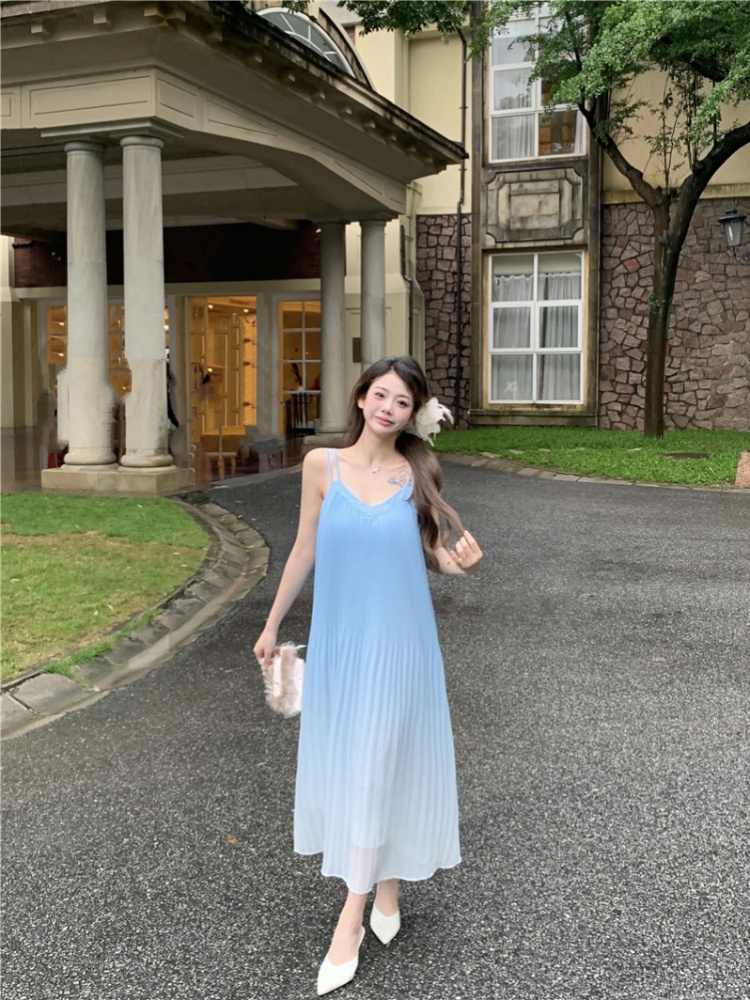 Summer France style vacation sling gradient long dress for women