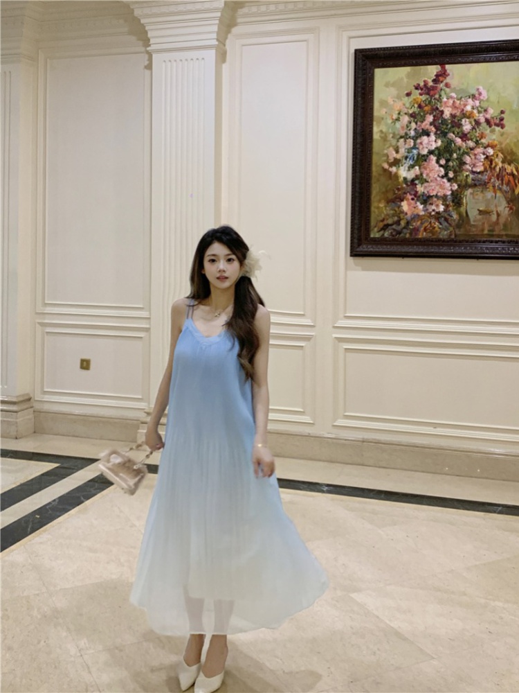 Summer France style vacation sling gradient long dress for women