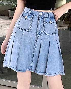 A-line spicegirl denim skirt high waist pleated short skirt
