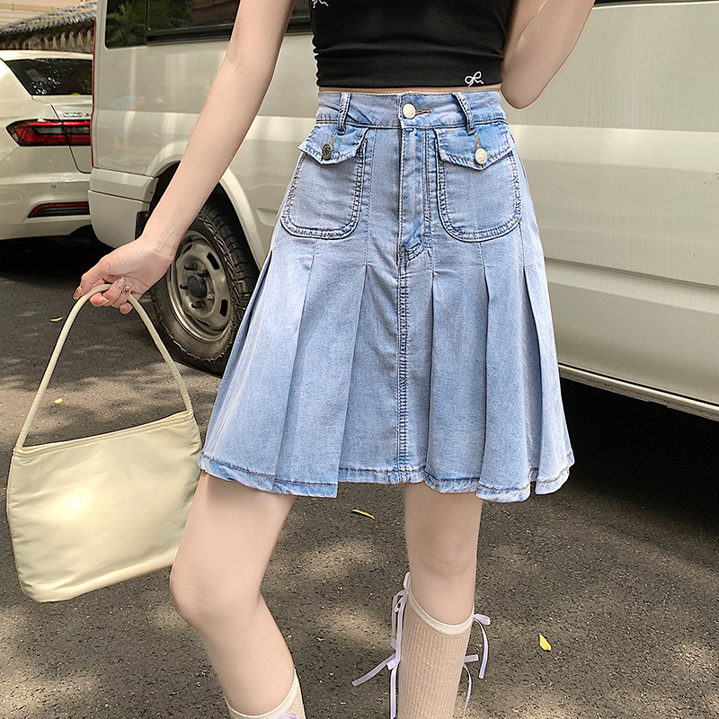 A-line spicegirl denim skirt high waist pleated short skirt