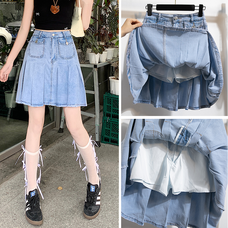 A-line spicegirl denim skirt high waist pleated short skirt