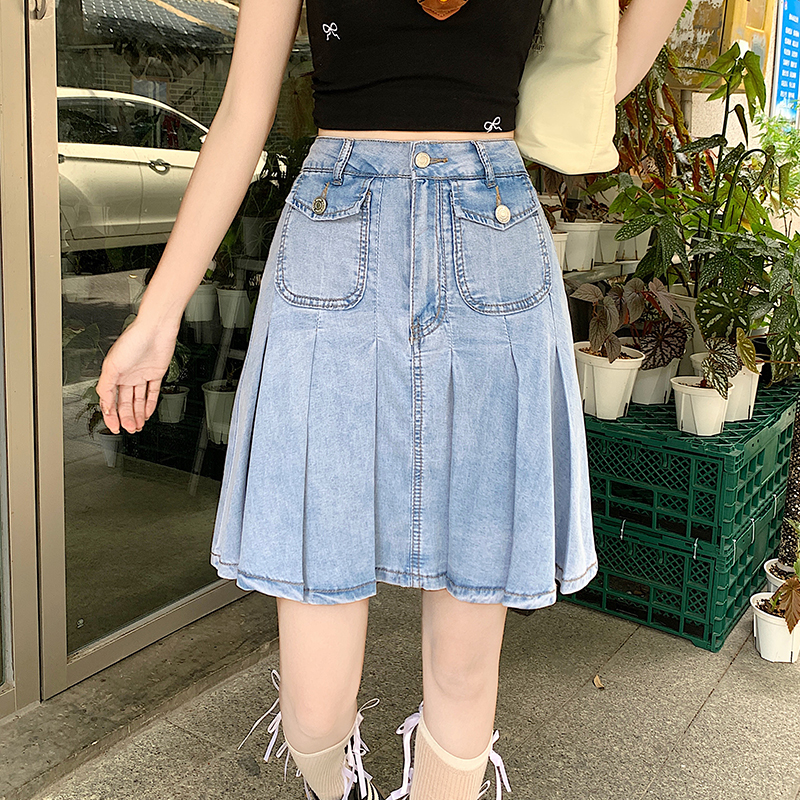 A-line spicegirl denim skirt high waist pleated short skirt