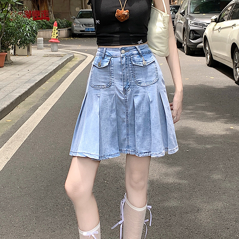 A-line spicegirl denim skirt high waist pleated short skirt