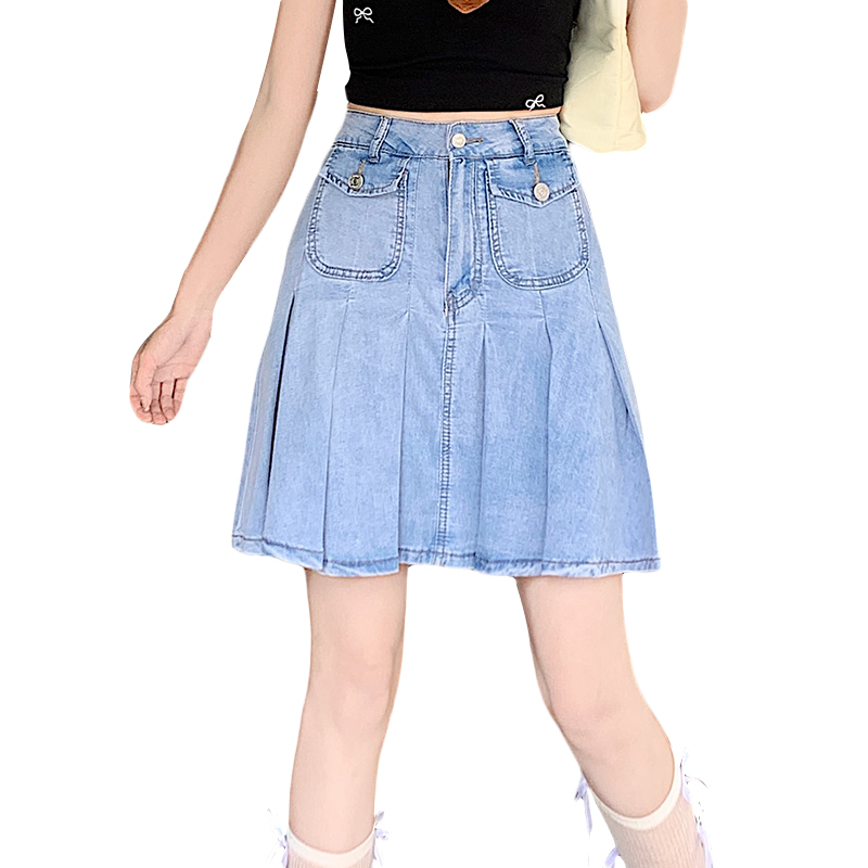 A-line spicegirl denim skirt high waist pleated short skirt