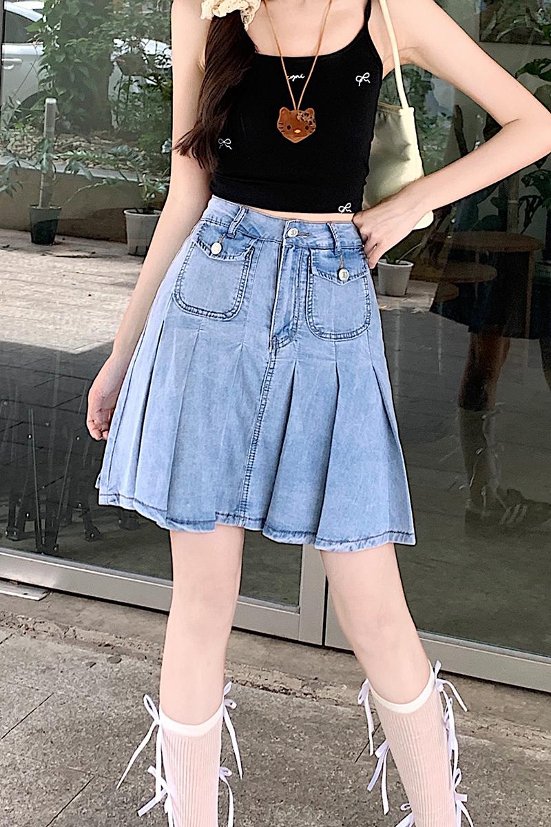 A-line spicegirl denim skirt high waist pleated short skirt