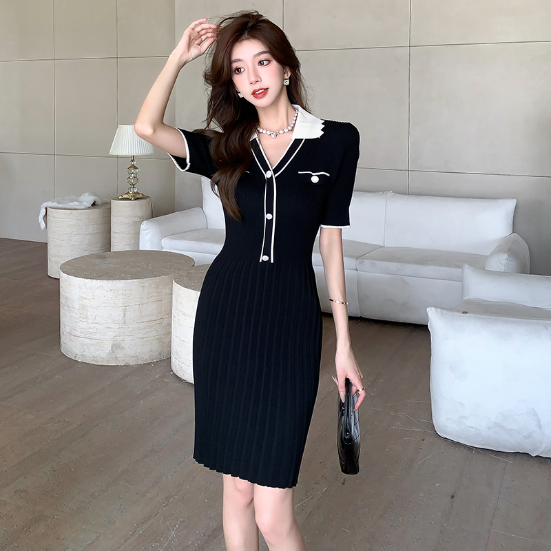 Knitted black France style slim dress for women