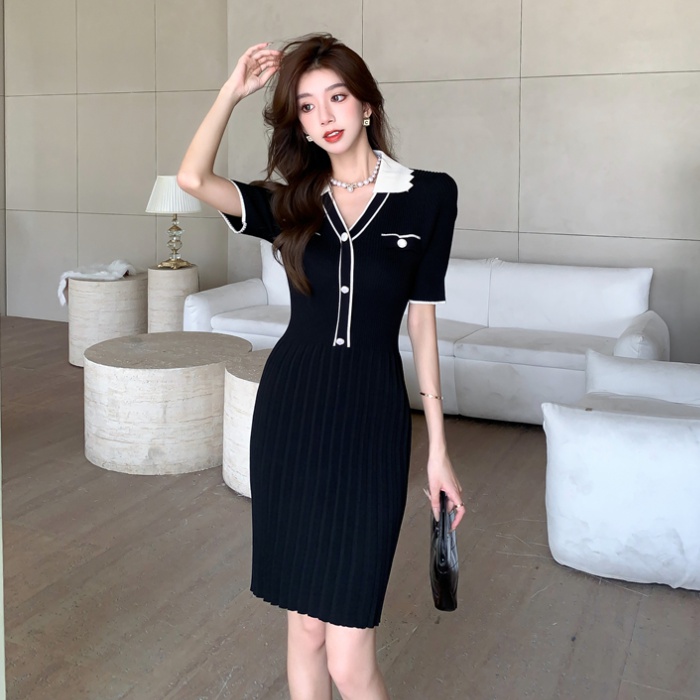 Knitted black France style slim dress for women