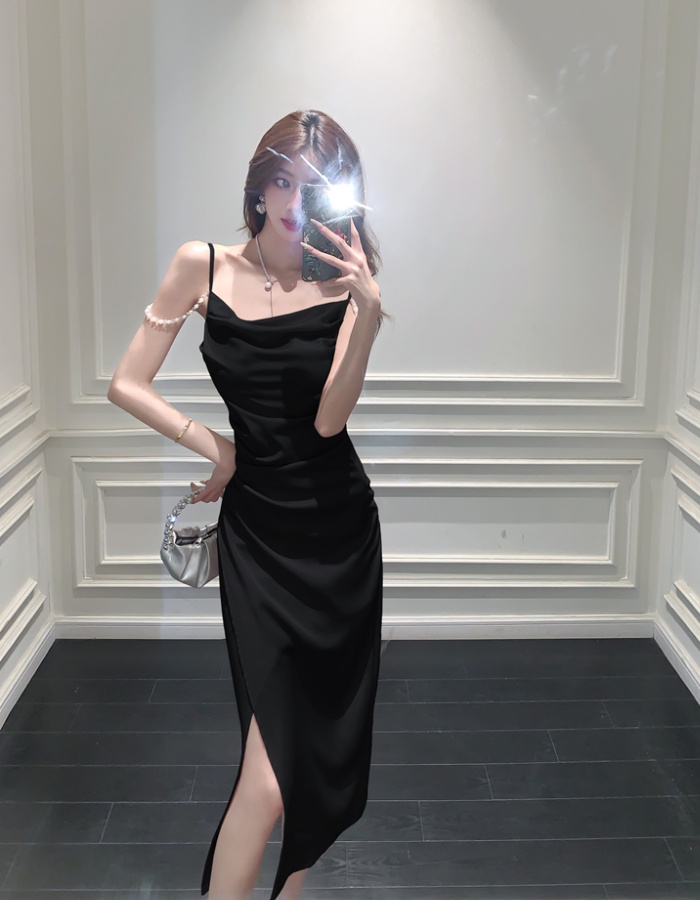 Slim split dress satin pinched waist long dress for women