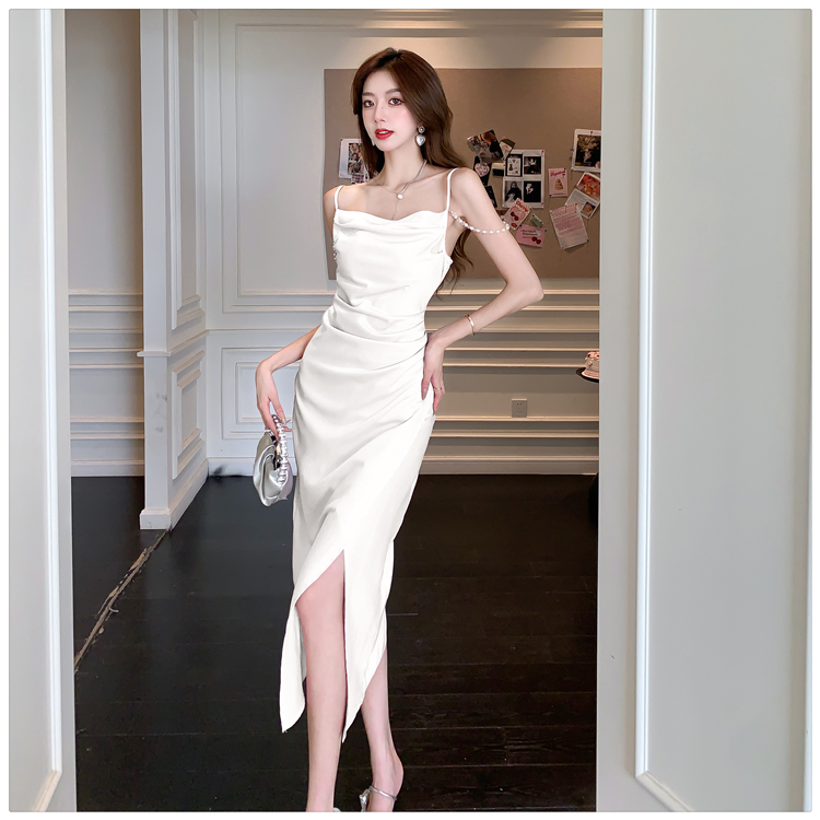 Slim split dress satin pinched waist long dress for women