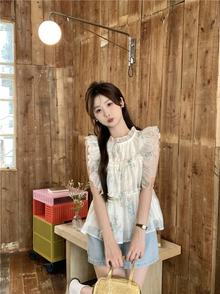 Wood ear sweet slim doll shirt floral summer tops