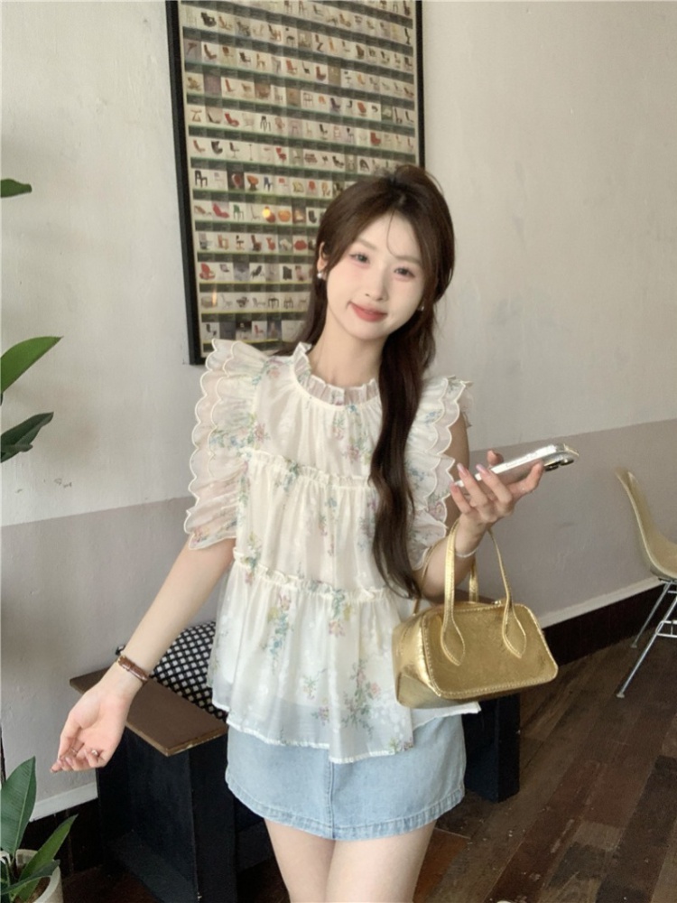 Wood ear sweet slim doll shirt floral summer tops