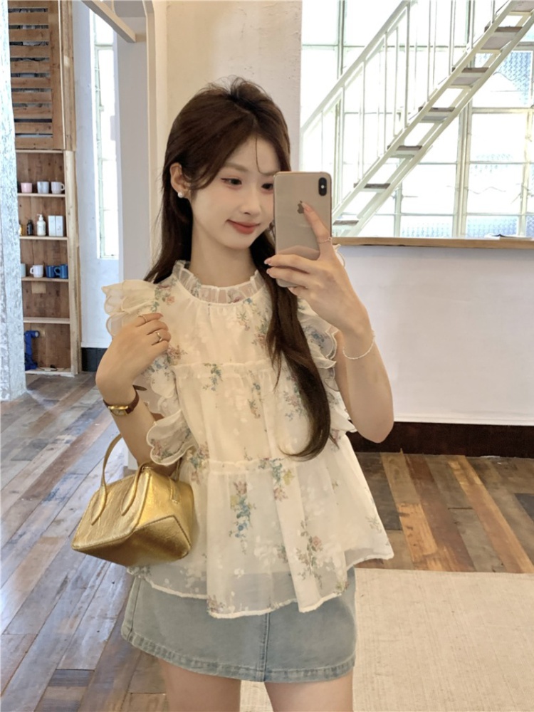 Wood ear sweet slim doll shirt floral summer tops