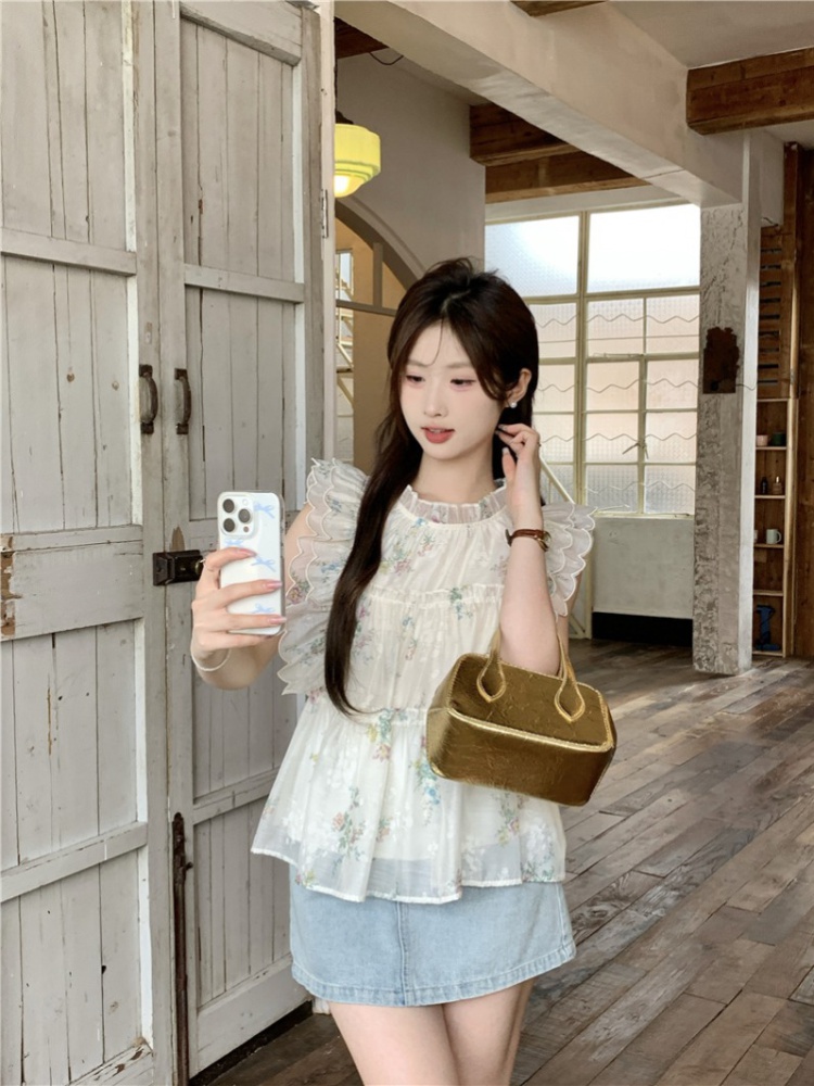 Wood ear sweet slim doll shirt floral summer tops