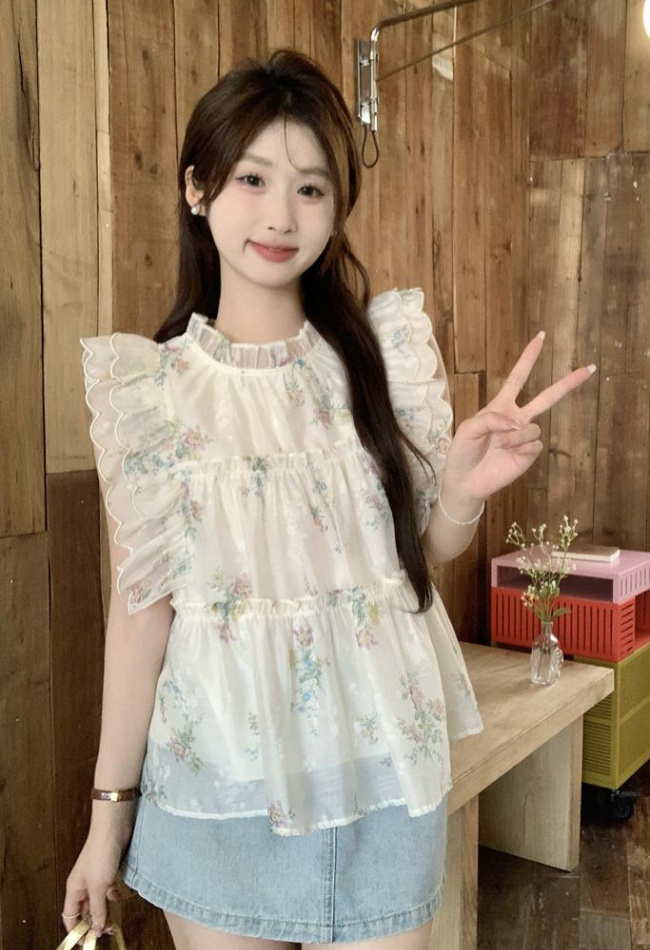 Wood ear sweet slim doll shirt floral summer tops