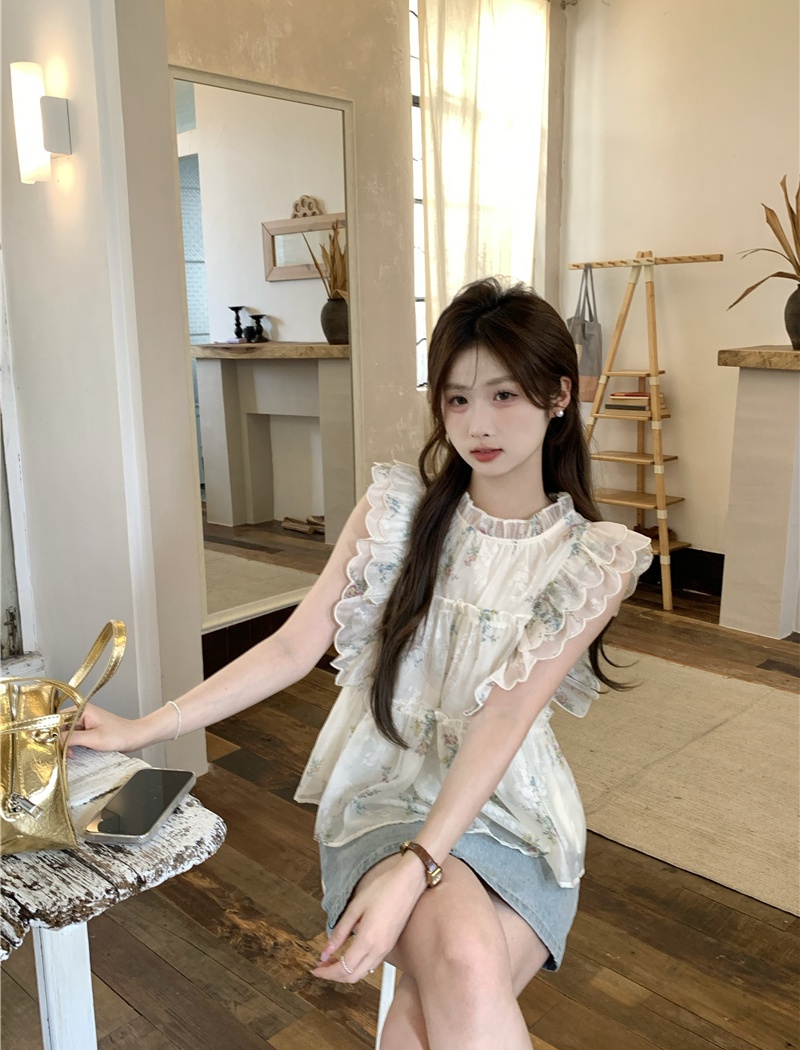 Wood ear sweet slim doll shirt floral summer tops