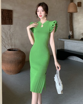 Knitted boats sleeve Chinese style summer retro dress for women