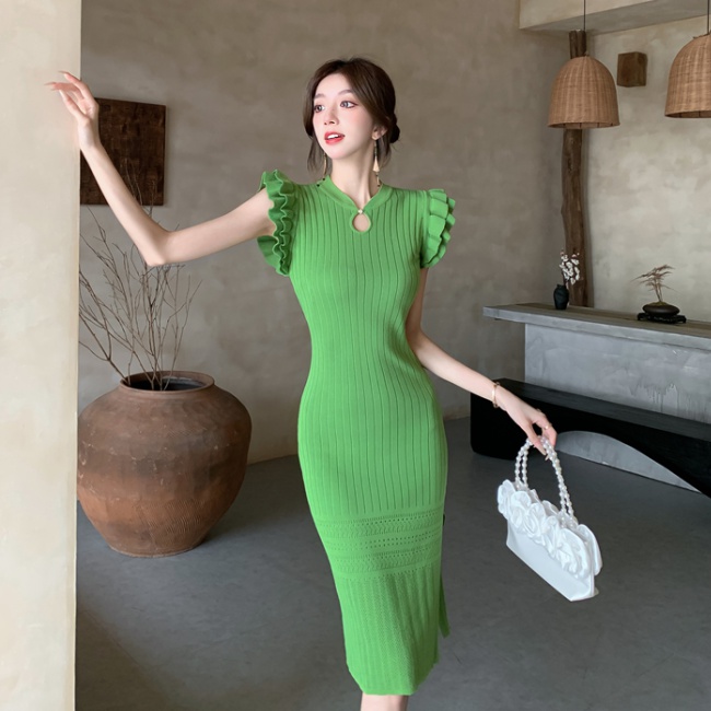 Knitted boats sleeve Chinese style summer retro dress for women