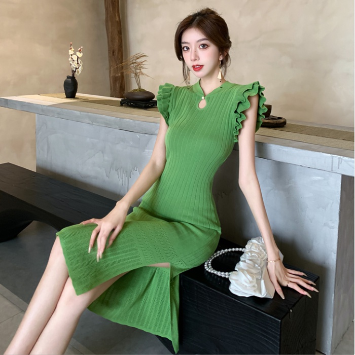 Knitted boats sleeve Chinese style summer retro dress for women