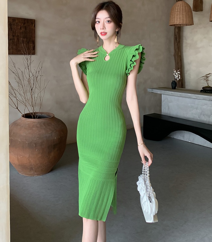 Knitted boats sleeve Chinese style summer retro dress for women