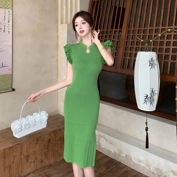 Knitted boats sleeve Chinese style summer retro dress for women