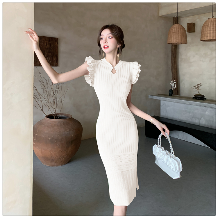 Knitted boats sleeve Chinese style summer retro dress for women