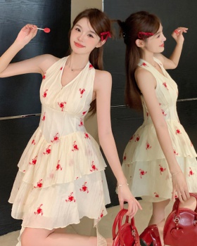 Pinched waist floral summer T-back halter slim dress for women