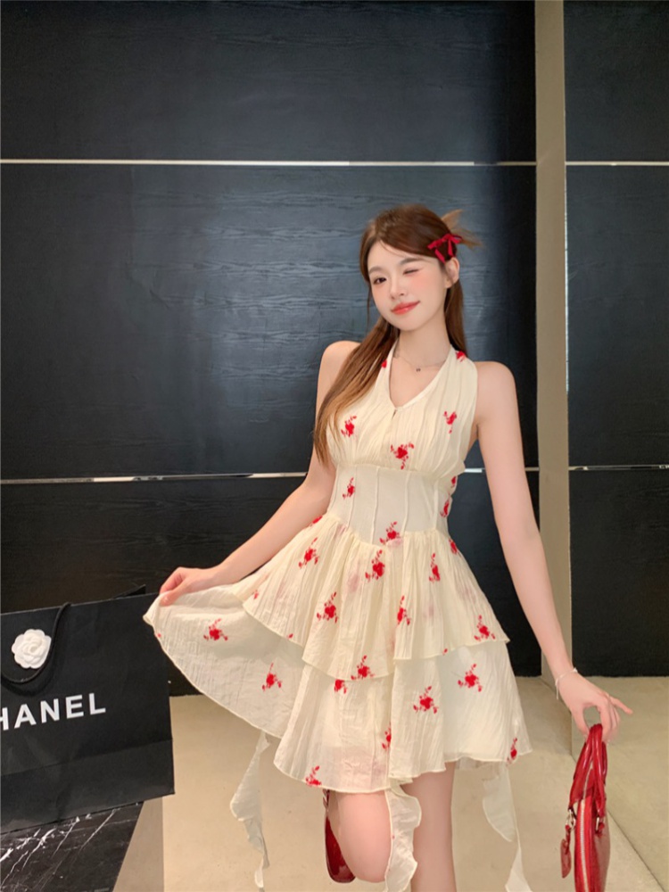 Pinched waist floral summer T-back halter slim dress for women