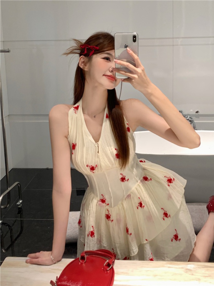 Pinched waist floral summer T-back halter slim dress for women