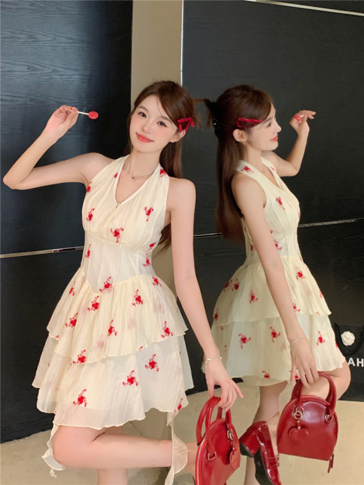 Pinched waist floral summer T-back halter slim dress for women