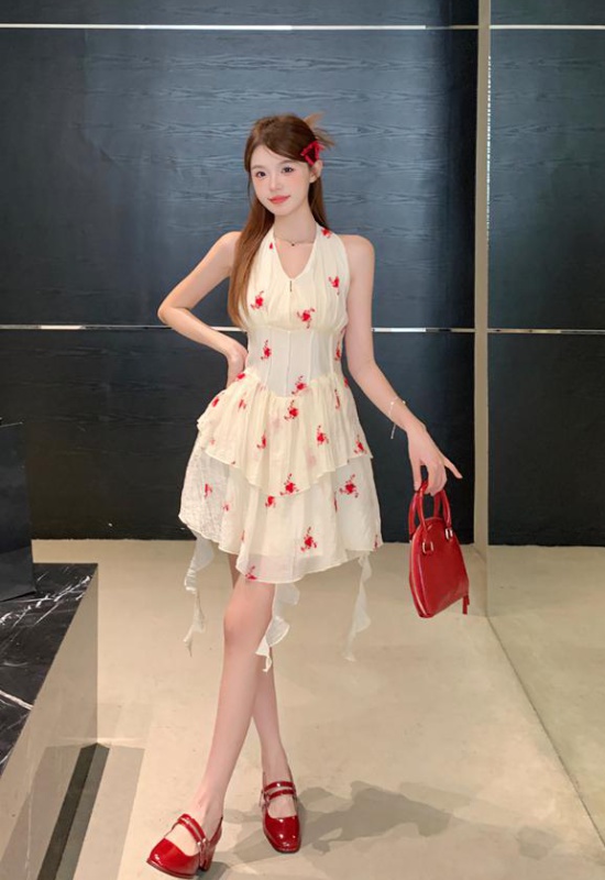 Pinched waist floral summer T-back halter slim dress for women