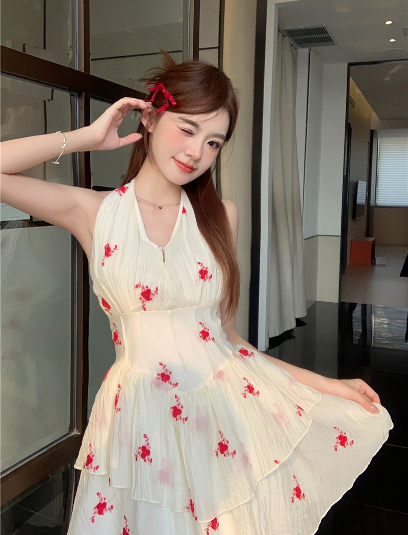 Pinched waist floral summer T-back halter slim dress for women