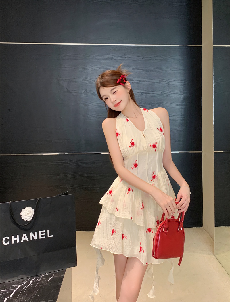 Pinched waist floral summer T-back halter slim dress for women