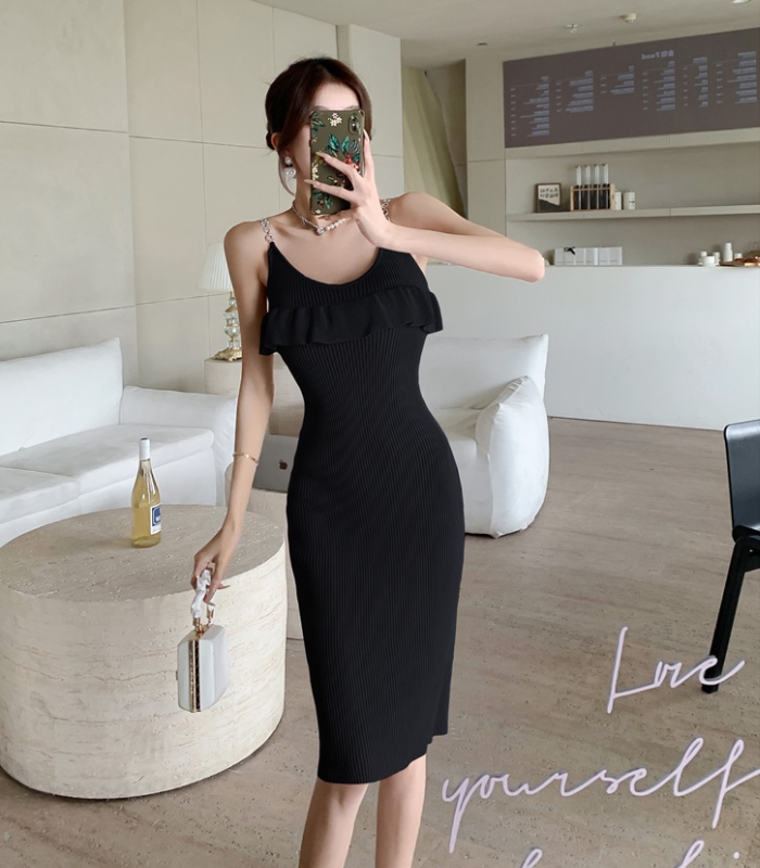 Knitted slit enticement strap dress niche sexy dress