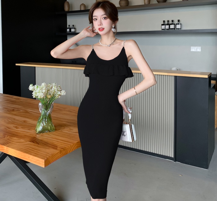 Knitted slit enticement strap dress niche sexy dress