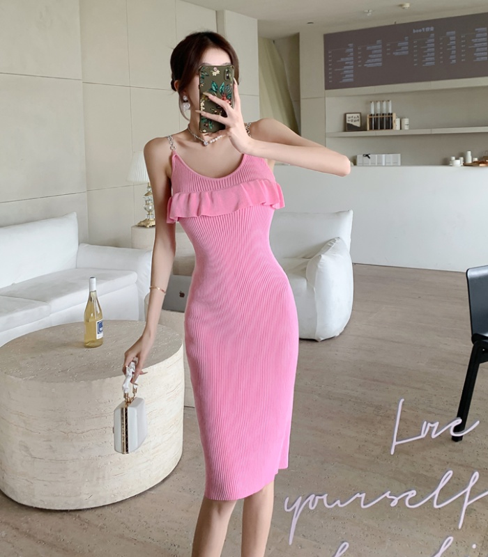 Knitted slit enticement strap dress niche sexy dress