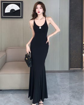Temperament halter dress black V-neck long dress