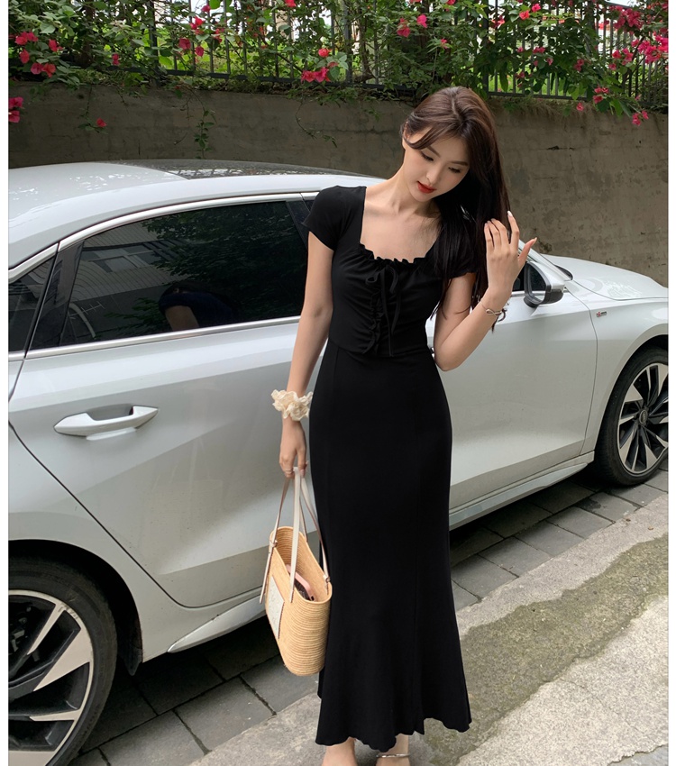 Bandage France style dress temperament navy-blue long dress