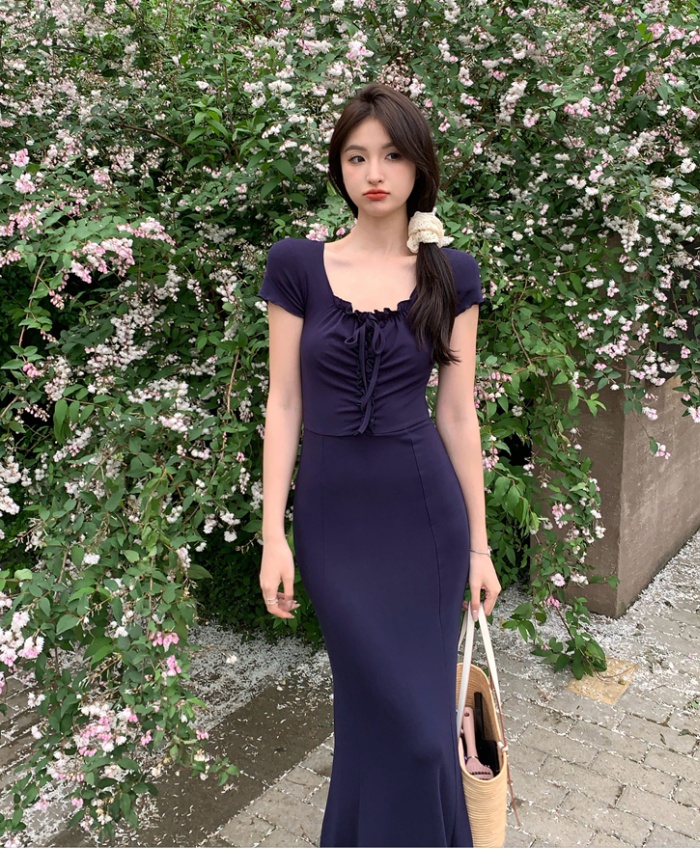 Bandage France style dress temperament navy-blue long dress