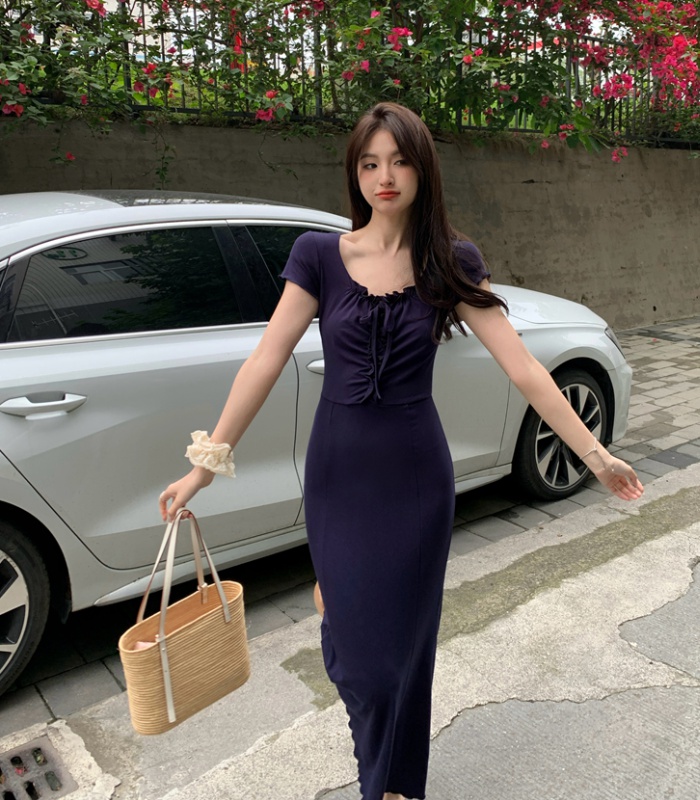 Bandage France style dress temperament navy-blue long dress