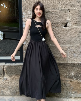Black high waist long dress France style temperament dress