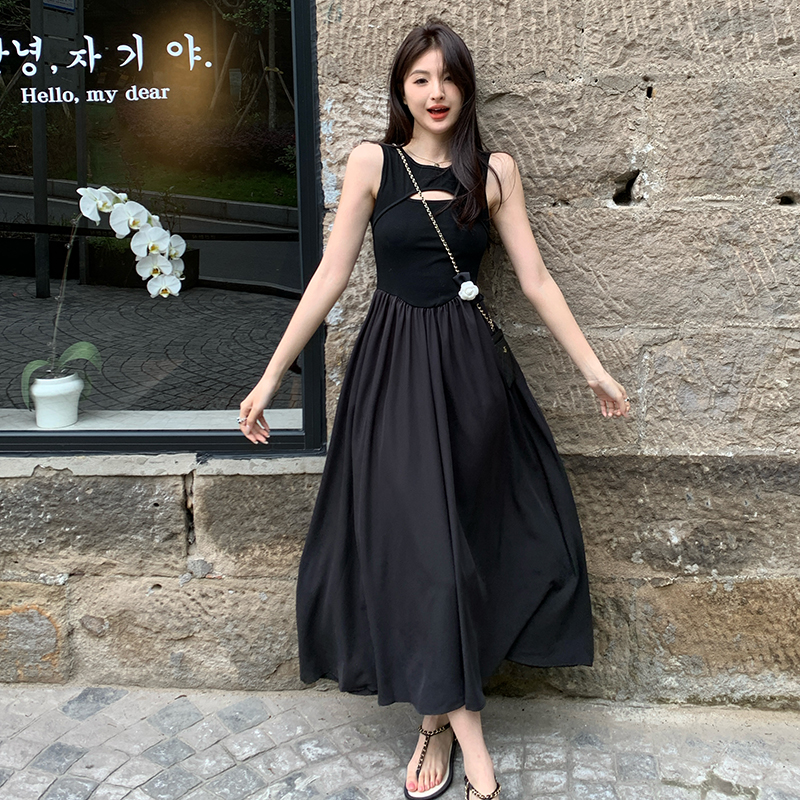 Black high waist long dress France style temperament dress