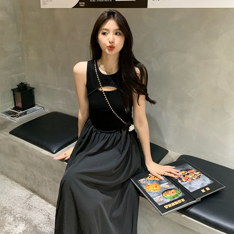 Black high waist long dress France style temperament dress