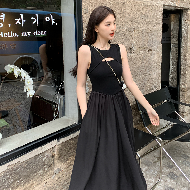 Black high waist long dress France style temperament dress